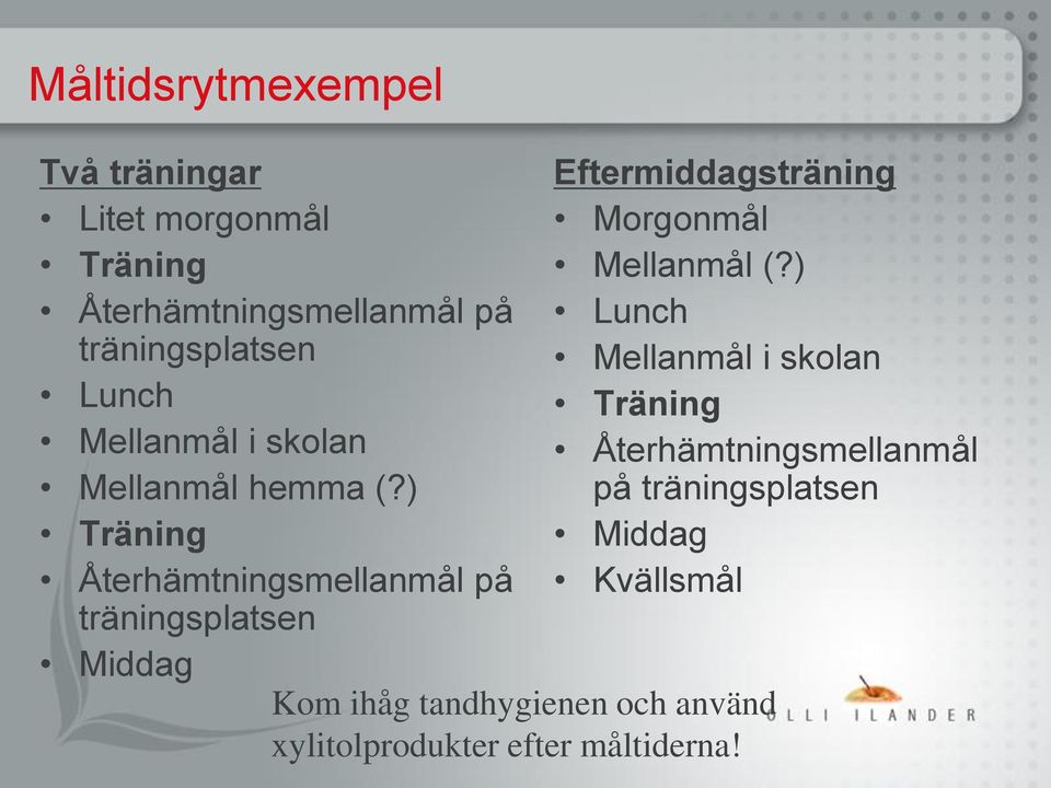 ) Träning Återhämtningsmellanmål på träningsplatsen Middag Eftermiddagsträning Morgonmål Mellanmål (?