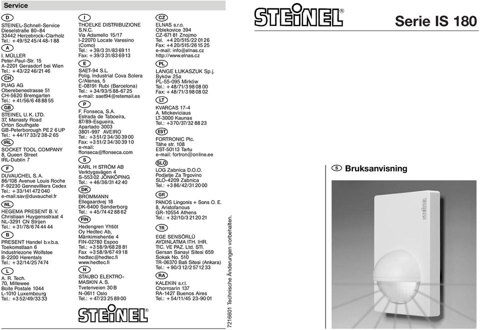 : + 44/17 33/2 38-2 65 IRL SOCKET TOOL COMPANY 8, Queen Street IRL-Dublin 7 F DUVAUCHEL S. A. 86/108 Avenue Louis Roche F-92230 Gennevilliers Cedex Tel.: + 33/141472 040 e-mail:sav@duvauchel.