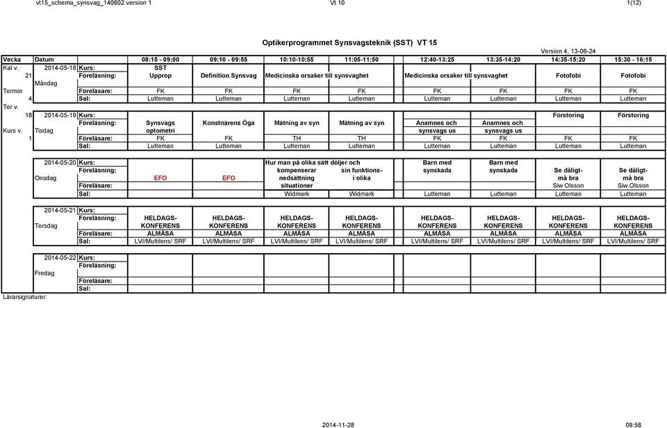 2014-05-18 Kurs: SST 21 Föreläsning: Upprop Definition Synsvag Medicinska orsaker till synsvaghet Medicinska orsaker till synsvaghet Fotofobi Fotofobi Måndag Termin FK FK FK FK FK FK FK FK 4 Sal: