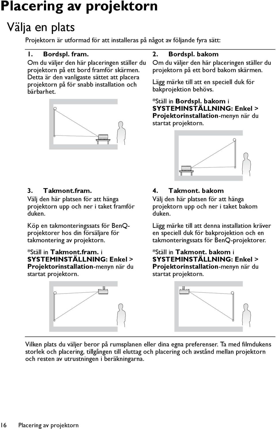 bakom Om du väljer den här placeringen ställer du projektorn på ett bord bakom skärmen. Lägg märke till att en speciell duk för bakprojektion behövs. *Ställ in Bordspl.