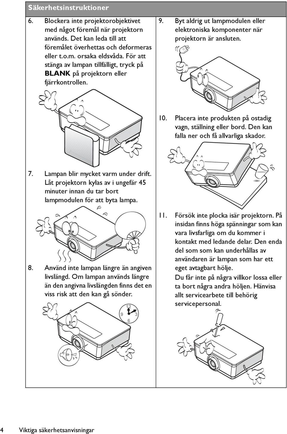 Placera inte produkten på ostadig vagn, ställning eller bord. Den kan falla ner och få allvarliga skador. 7. Lampan blir mycket varm under drift.