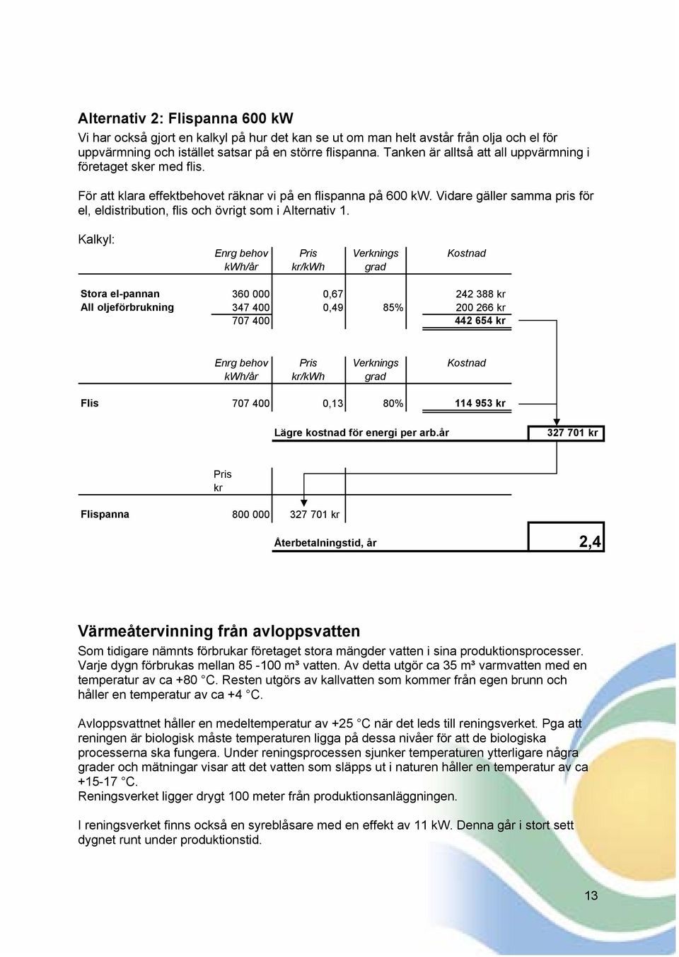 Vidare gäller samma pris för el, eldistribution, flis och övrigt som i Alternativ 1.