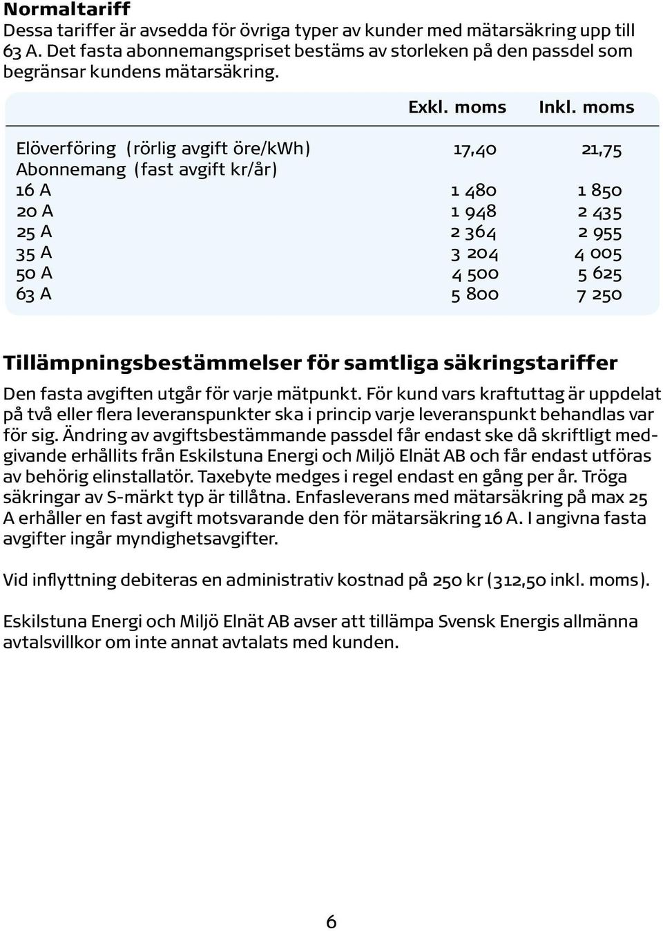 Tillämpningsbestämmelser för samtliga säkringstariffer Den fasta avgiften utgår för varje mätpunkt.