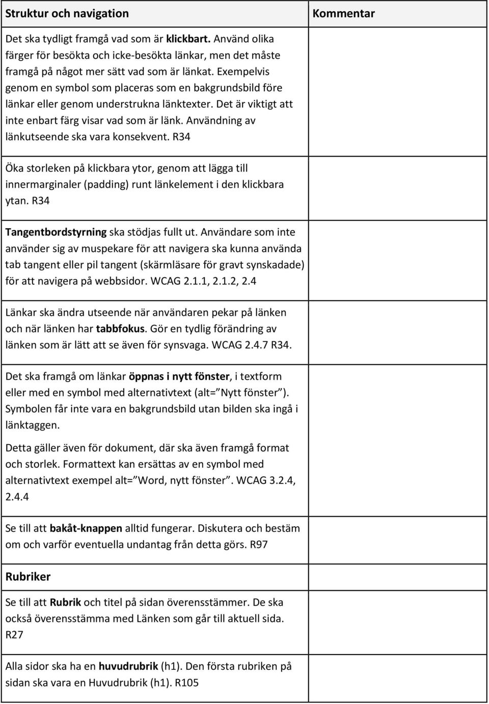 Användning av länkutseende ska vara konsekvent. R34 Öka storleken på klickbara ytor, genom att lägga till innermarginaler (padding) runt länkelement i den klickbara ytan.