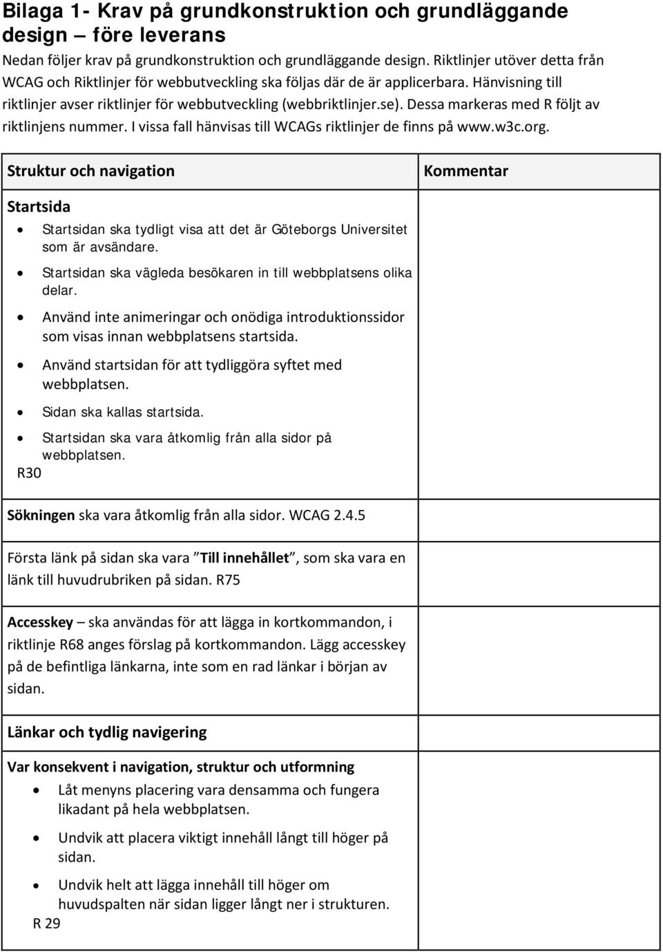 Dessa markeras med R följt av riktlinjens nummer. I vissa fall hänvisas till WCAGs riktlinjer de finns på www.w3c.org.