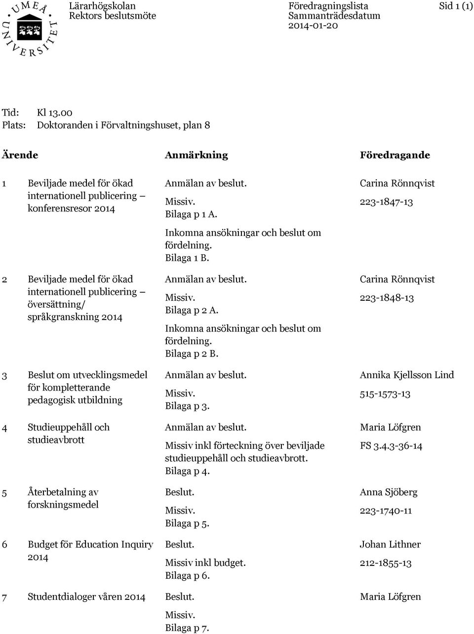 publicering översättning/ språkgranskning 2014 3 Beslut om utvecklingsmedel för kompletterande pedagogisk utbildning 4 Studieuppehåll och studieavbrott 5 Återbetalning av forskningsmedel 6 Budget för