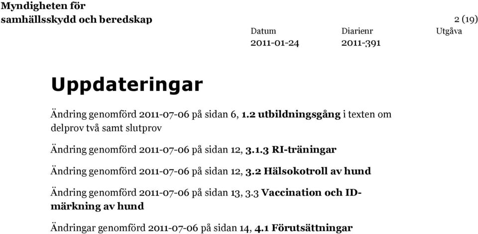 -07-06 på sidan 12, 3.1.3 RI-träningar Ändring genomförd 2011-07-06 på sidan 12, 3.