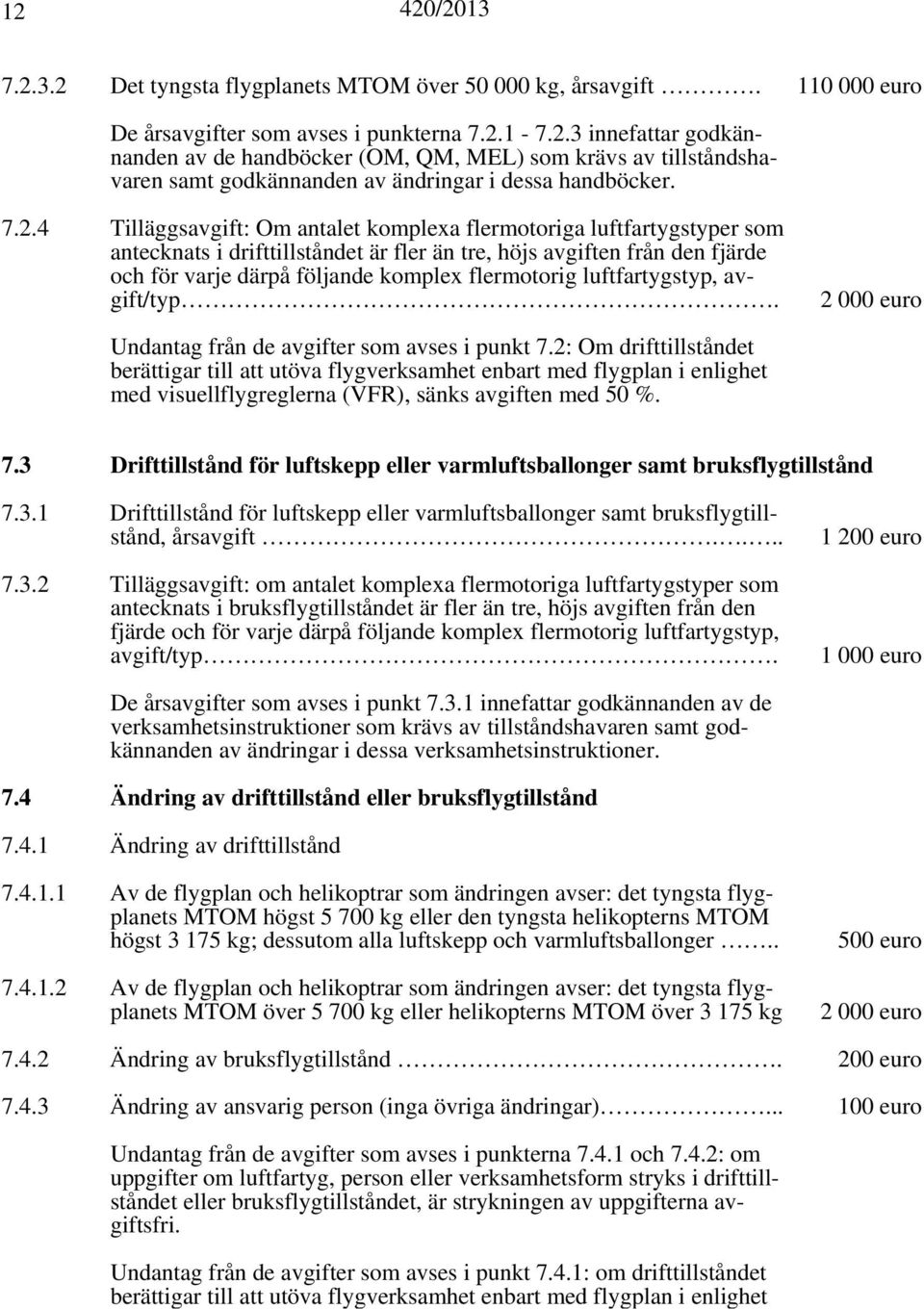 flermotorig luftfartygstyp, avgift/typ. 2 000 euro Undantag från de avgifter som avses i punkt 7.