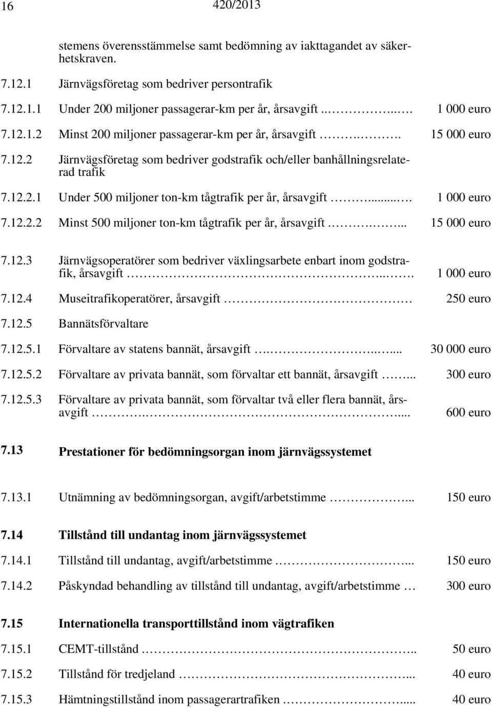 ... 1 000 euro 7.12.2.2 Minst 500 miljoner ton-km tågtrafik per år, årsavgift..... 15 000 euro 7.12.3 Järnvägsoperatörer som bedriver växlingsarbete enbart inom godstrafik, årsavgift... 1 000 euro 7.12.4 Museitrafikoperatörer, årsavgift 250 euro 7.