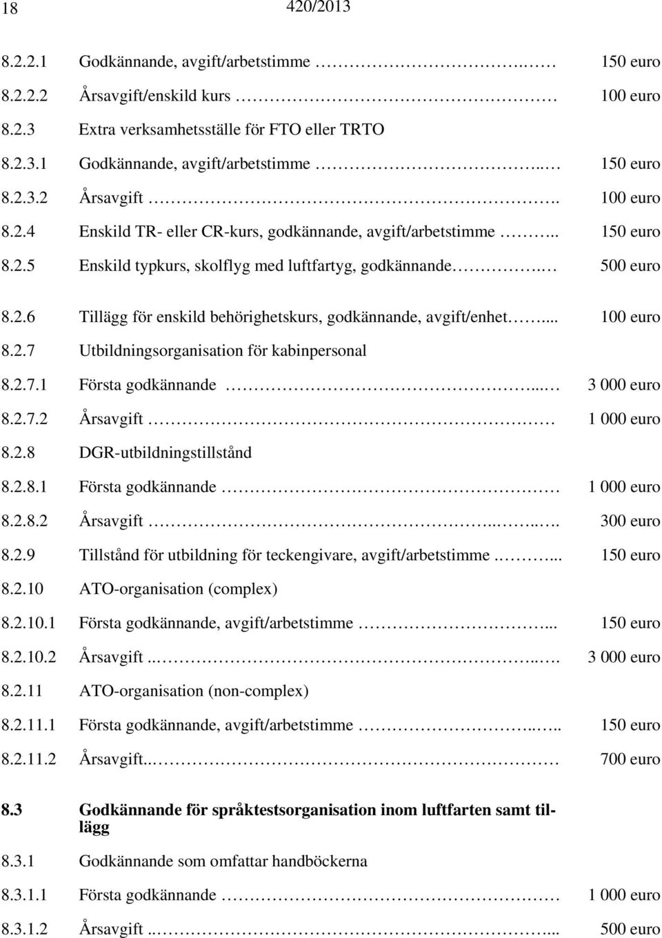 2.7.1 Första godkännande... 3 000 euro 8.2.7.2 Årsavgift 1 000 euro 8.2.8 DGR-utbildningstillstånd 8.2.8.1 Första godkännande 1 000 euro 8.2.8.2 Årsavgift..... 300 euro 8.2.9 Tillstånd för utbildning för teckengivare, avgift/arbetstimme.