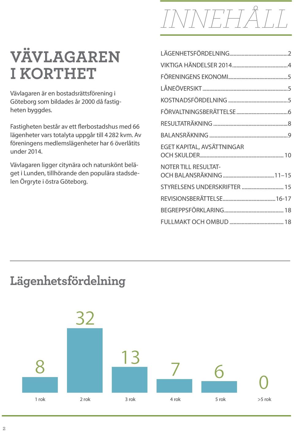 Vävlagaren ligger citynära och naturskönt beläget i Lunden, tillhörande den populära stadsdelen Örgryte i östra Göteborg. LÄGENHETSFÖRDELNING...2 VIKTIGA HÄNDELSER 2014...4 FÖRENINGENS EKONOMI.