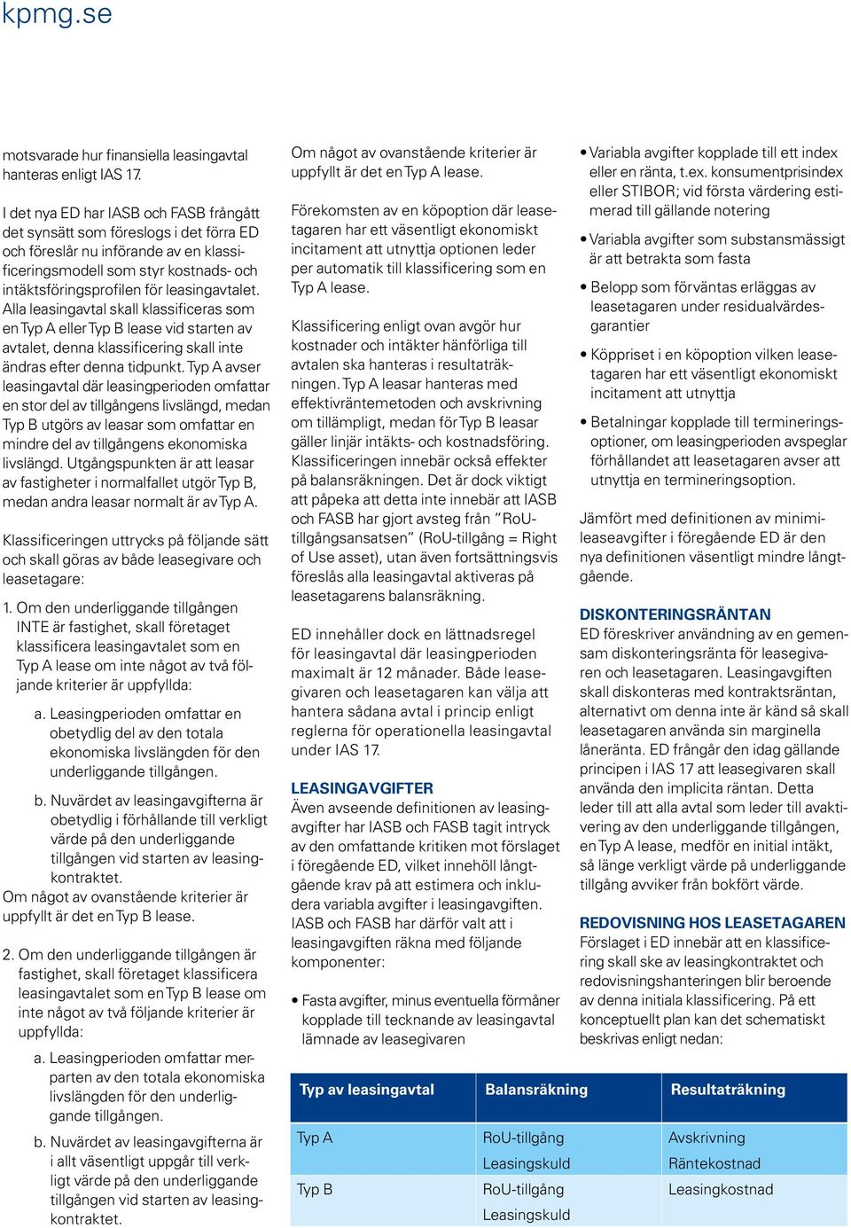 Alla leasingavtal skall klassificeras som en Typ A eller Typ B lease vid starten av avtalet, denna klassificering skall inte ändras efter denna tidpunkt.