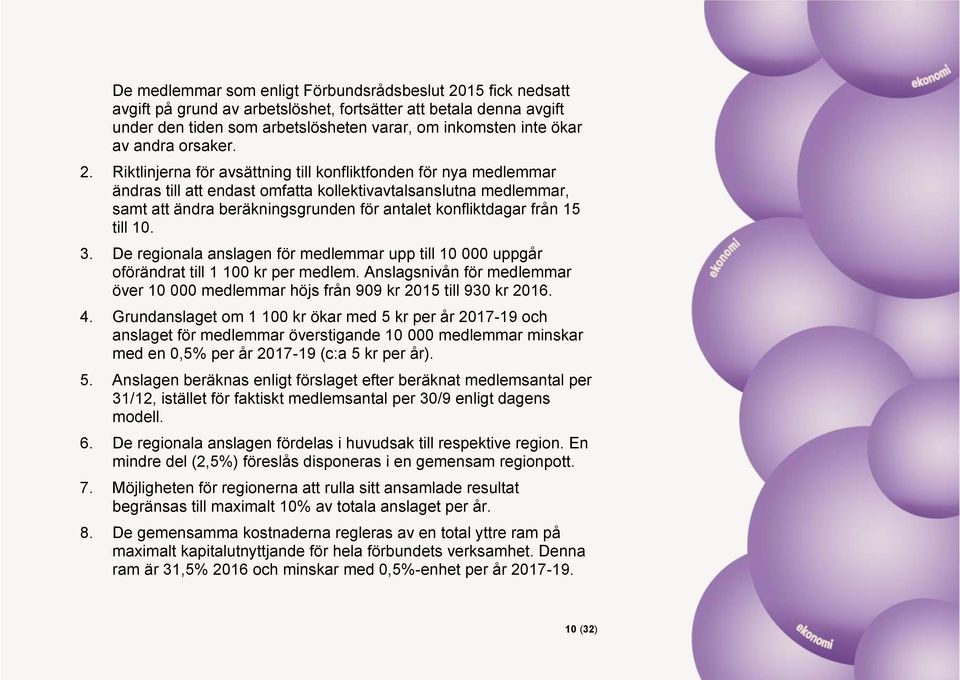 Riktlinjerna för avsättning till konfliktfonden för nya medlemmar ändras till att endast omfatta kollektivavtalsanslutna medlemmar, samt att ändra beräkningsgrunden för antalet konfliktdagar från 15