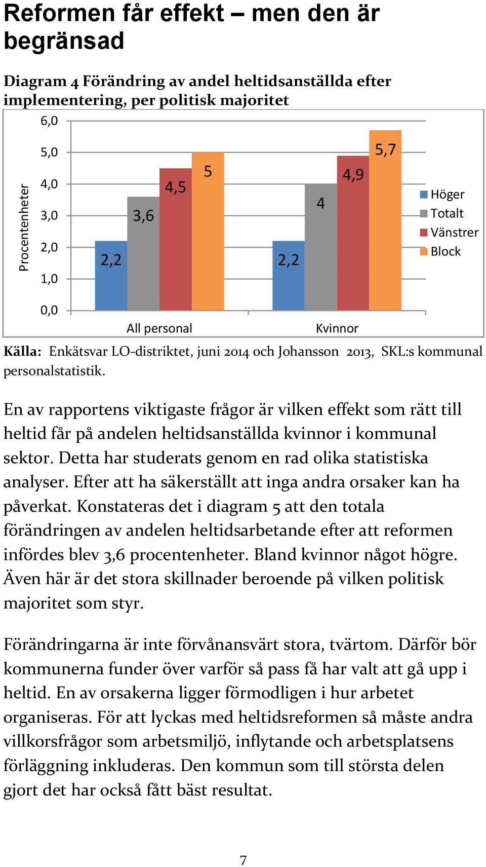 En av rapportens viktigaste frågor är vilken effekt som rätt till heltid får på andelen heltidsanställda kvinnor i kommunal sektor. Detta har studerats genom en rad olika statistiska analyser.