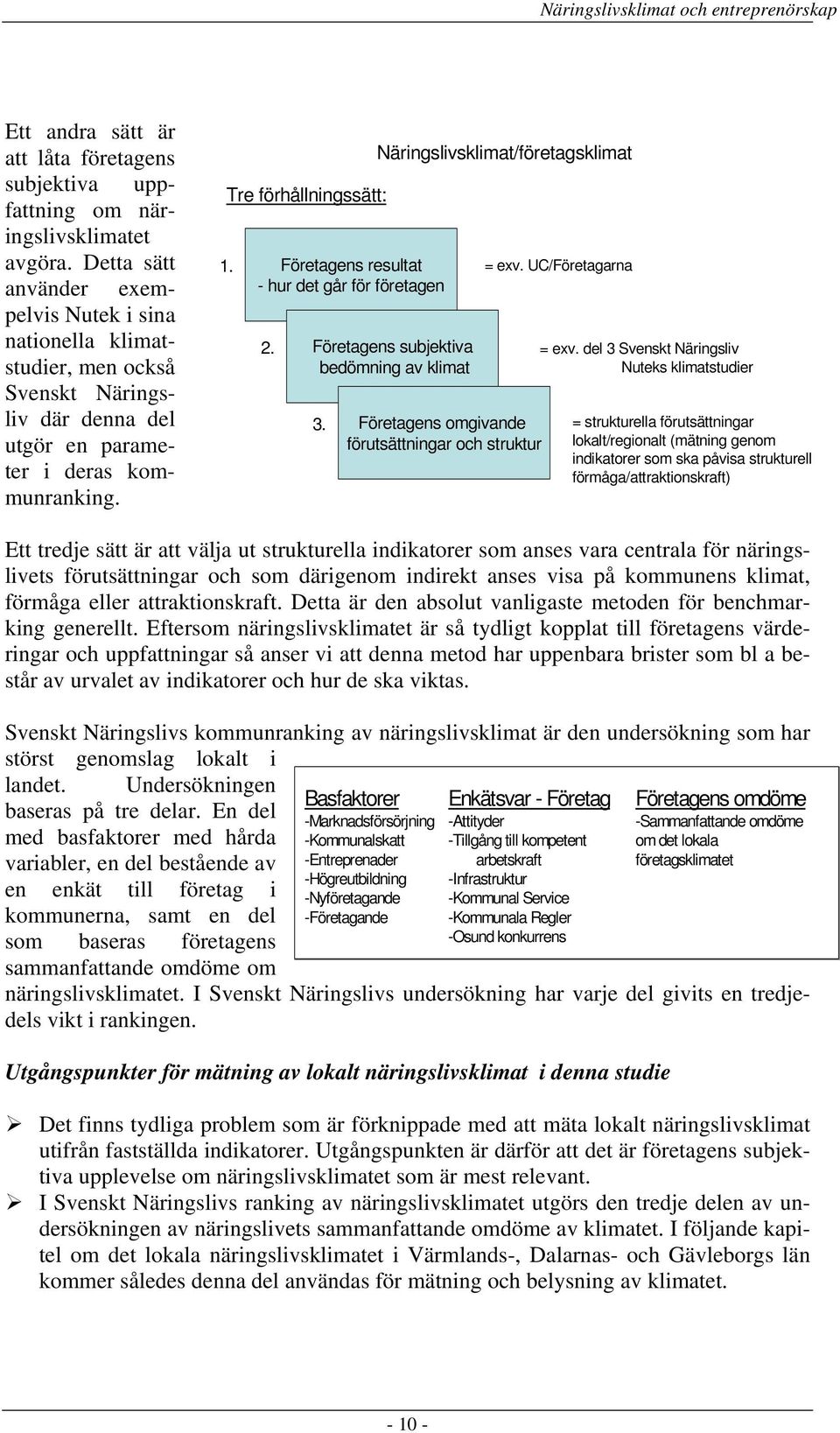 Företagens resultat - hur det går för företagen 2. Näringslivsklimat/företagsklimat Företagens subjektiva bedömning av klimat 3. Företagens omgivande förutsättningar och struktur = exv.