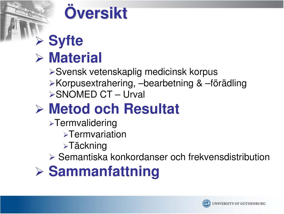 Metod och Resultat Termvalidering Termvariation Täckning