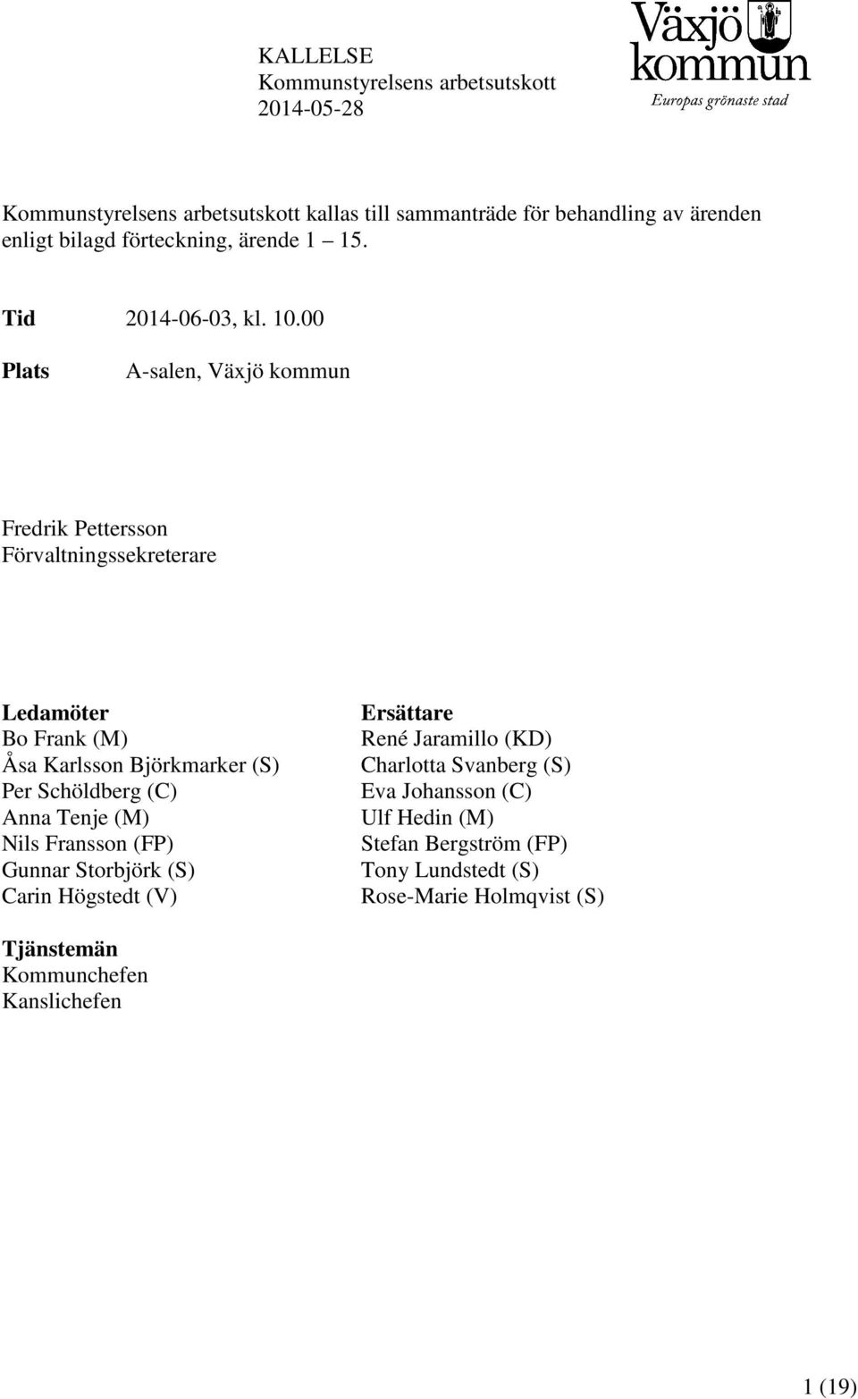 00 Plats A-salen, Växjö kommun Fredrik Pettersson Förvaltningssekreterare Ledamöter Bo Frank (M) Åsa Karlsson Björkmarker (S) Per Schöldberg (C) Anna