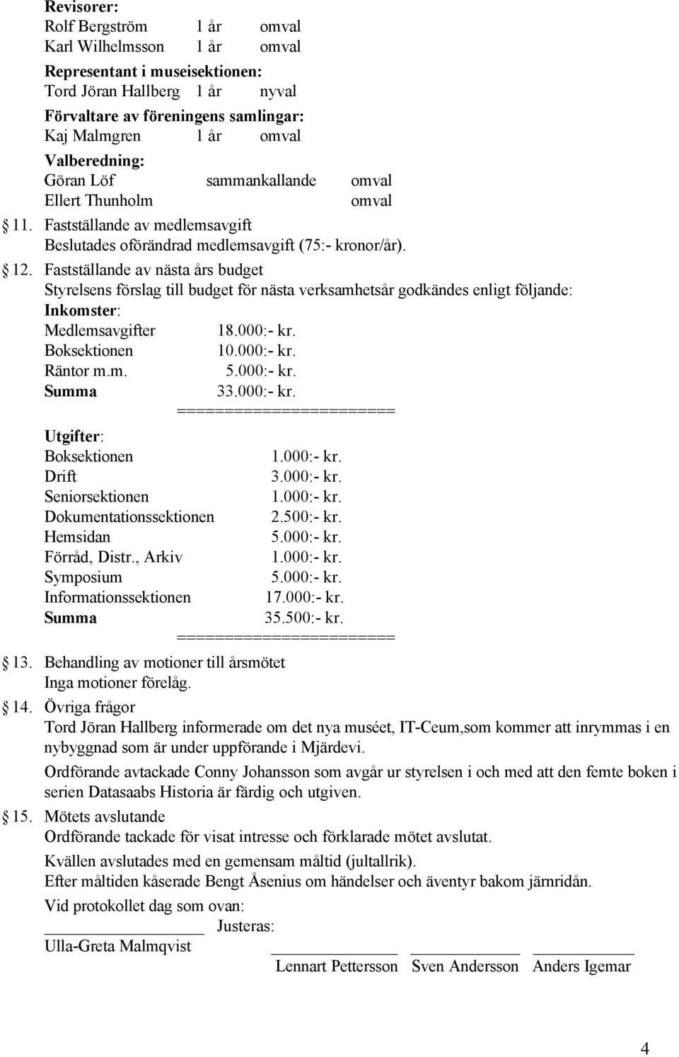 Fastställande av nästa års budget Styrelsens förslag till budget för nästa verksamhetsår godkändes enligt följande: Inkomster: Medlemsavgifter 18.000:- kr. Boksektionen 10.000:- kr. Räntor m.m. 5.