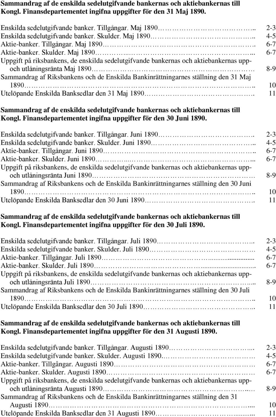 .. 4-5 Aktie-banker. Tillgångar. Maj 1890.. 6-7 Aktie-banker.