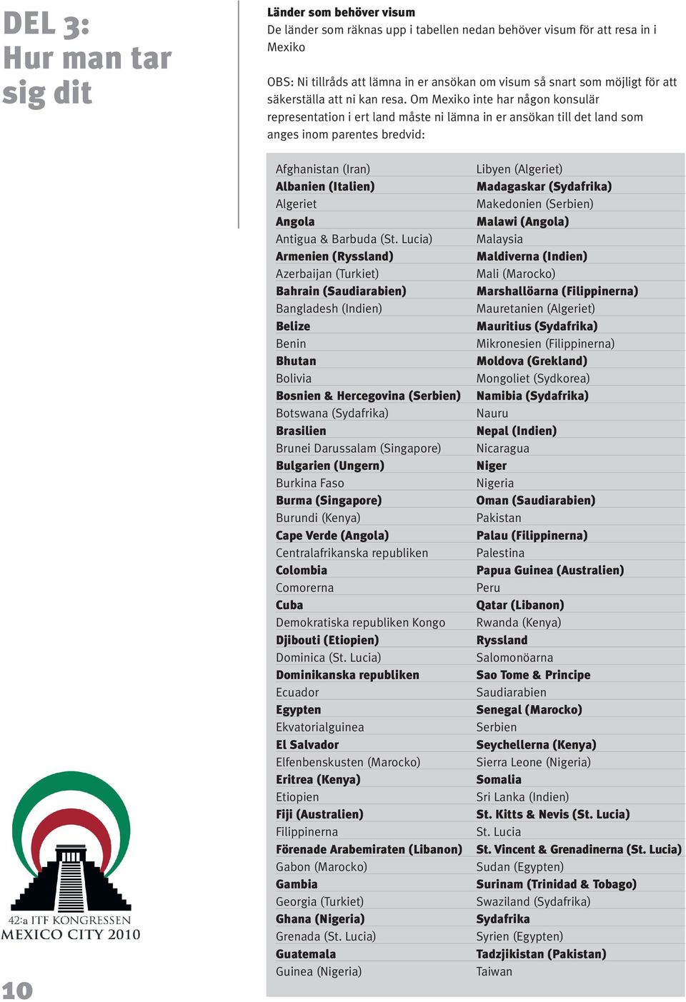 Om Mexiko inte har någon konsulär representation i ert land måste ni lämna in er ansökan till det land som anges inom parentes bredvid: 10 Afghanistan (Iran) Albanien (Italien) Algeriet Angola