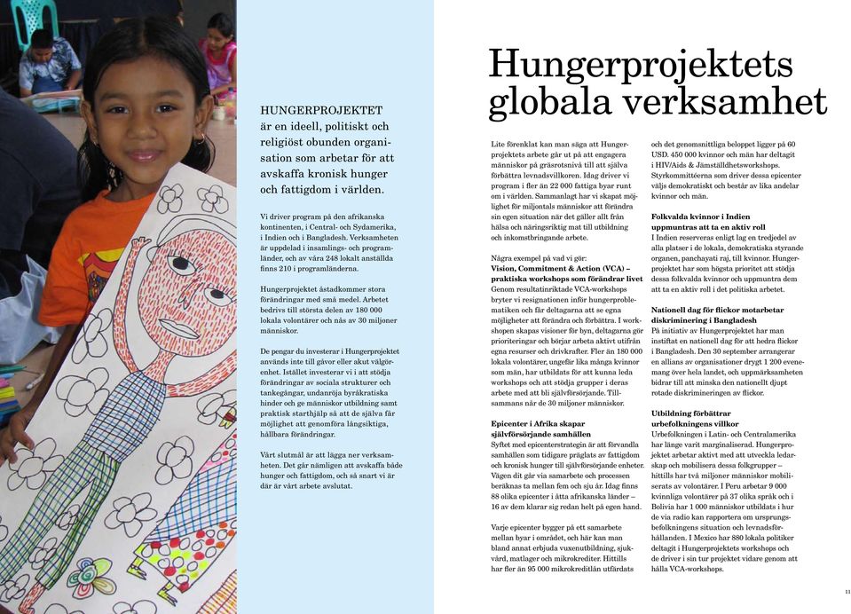 Verksamheten är uppdelad i insamlings- och programländer, och av våra 248 lokalt anställda finns 210 i programländerna. Hungerprojektet åstadkommer stora förändringar med små medel.