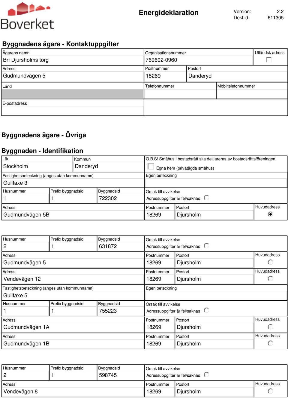 Byggnadens ägare - Övriga Byggnaden - Identifikation Län Stockholm Kommun Danderyd Fastighetsbeteckning (anges utan kommunnamn) Gullfaxe 3 O.B.S! Småhus i bostadsrätt ska deklareras av bostadsrättsföreningen.