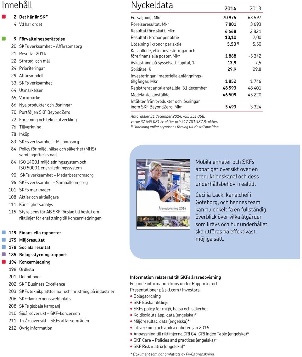 hälsa och säkerhet (MHS) samt lagefterlevnad 84 ISO 14001 miljöledningssystem och ISO 50001 energiledningssystem 90 SKFs verksamhet Medarbetaromsorg 96 SKFs verksamhet Samhällsomsorg 101 SKFs