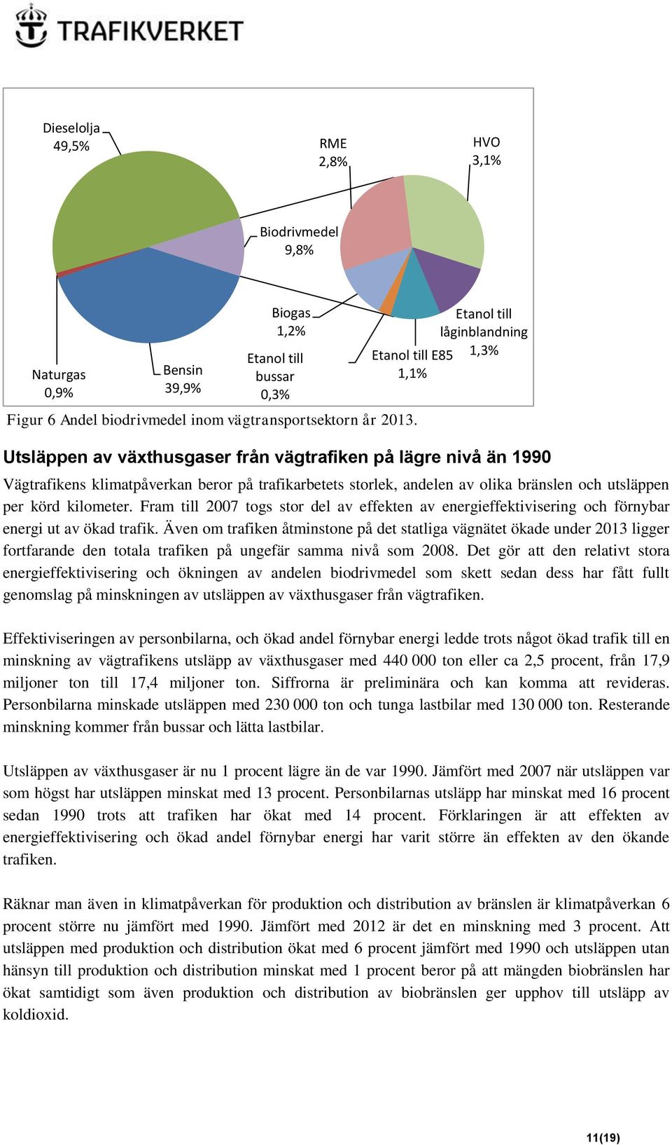 bränslen och utsläppen per körd kilometer. Fram till 2007 togs stor del av effekten av energieffektivisering och förnybar energi ut av ökad trafik.