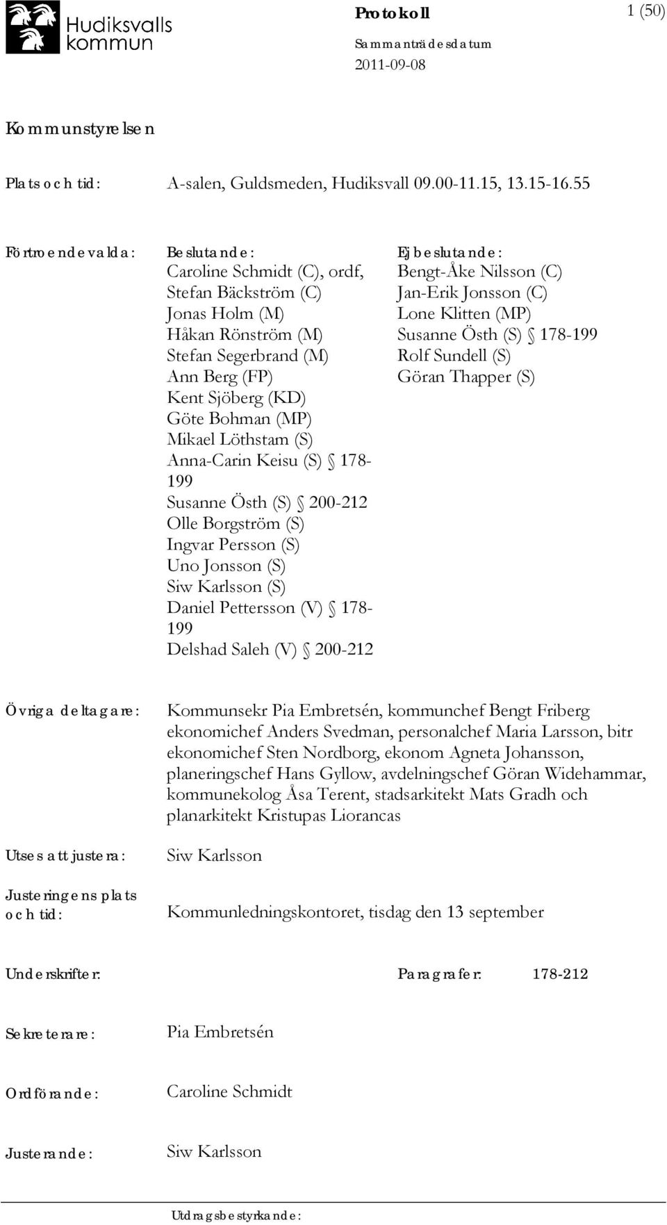 (MP) Mikael Löthstam (S) Anna-Carin Keisu (S) 178-199 Susanne Östh (S) 200-212 Olle Borgström (S) Ingvar Persson (S) Uno Jonsson (S) Siw Karlsson (S) Daniel Pettersson (V) 178-199 Delshad Saleh (V)