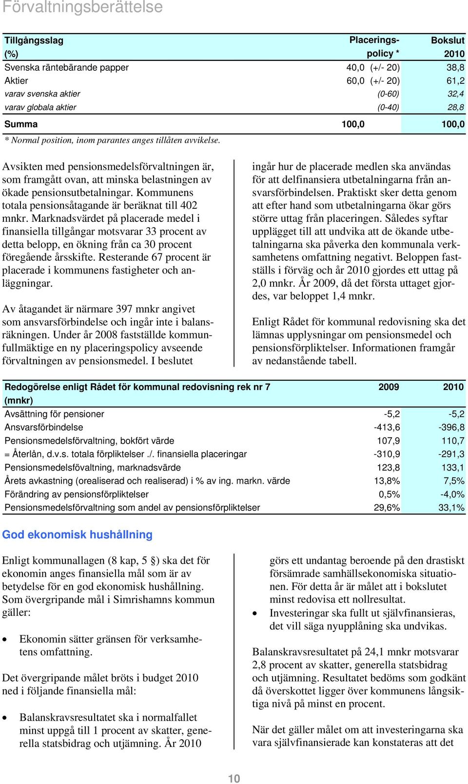 Avsikten med pensionsmedelsförvaltningen är, som framgått ovan, att minska belastningen av ökade pensionsutbetalningar. Kommunens totala pensionsåtagande är beräknat till 402 mnkr.