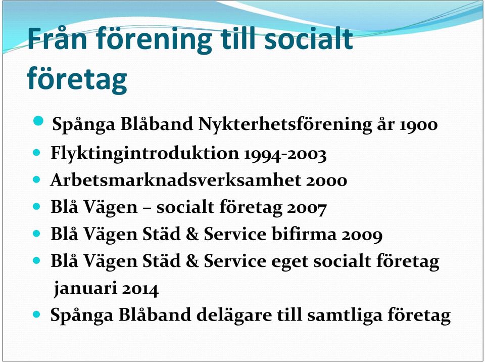 socialt företag 2007 Blå Vägen Städ & Service bifirma 2009 Blå Vägen Städ &