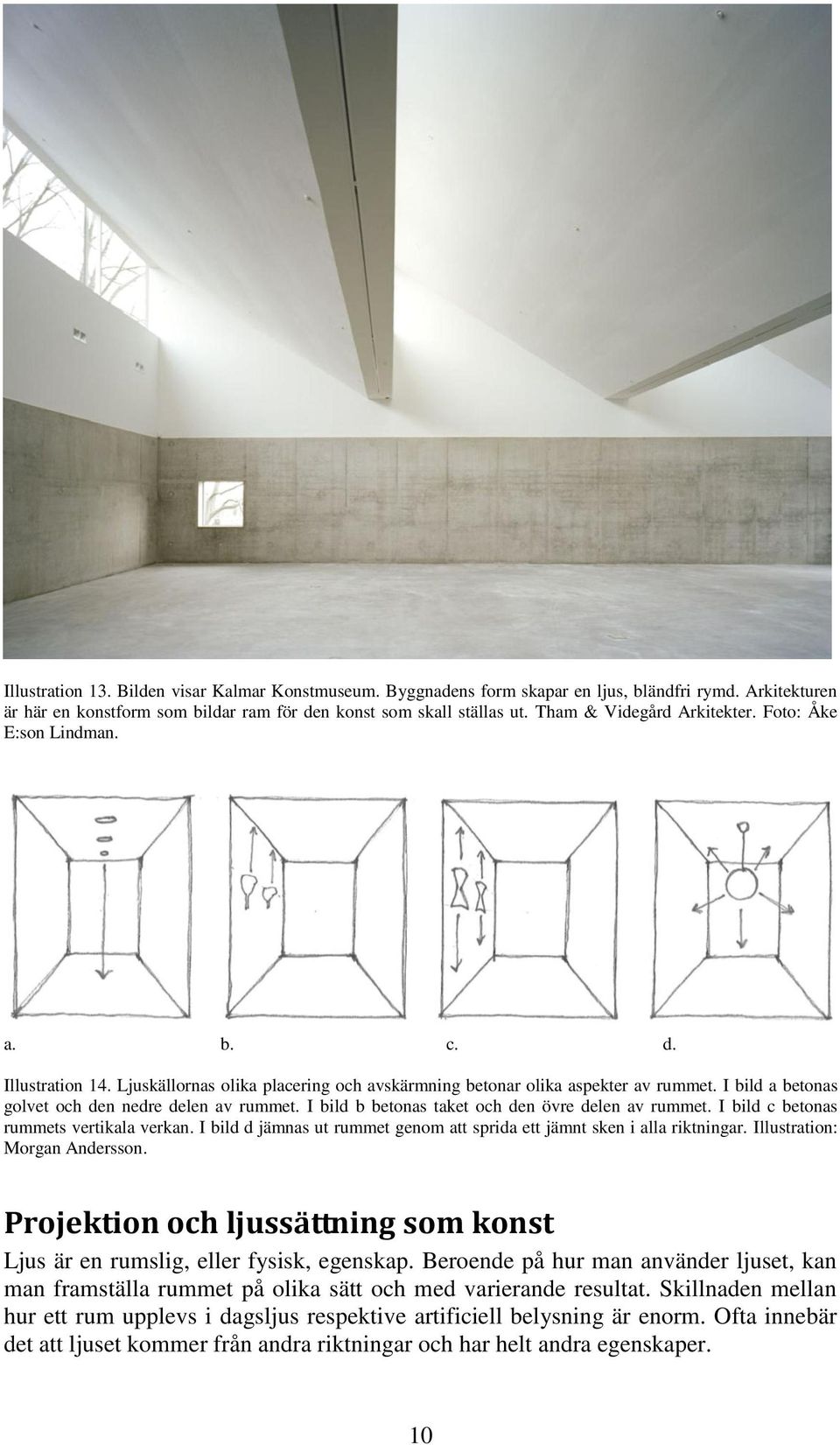 I bild a betonas golvet och den nedre delen av rummet. I bild b betonas taket och den övre delen av rummet. I bild c betonas rummets vertikala verkan.