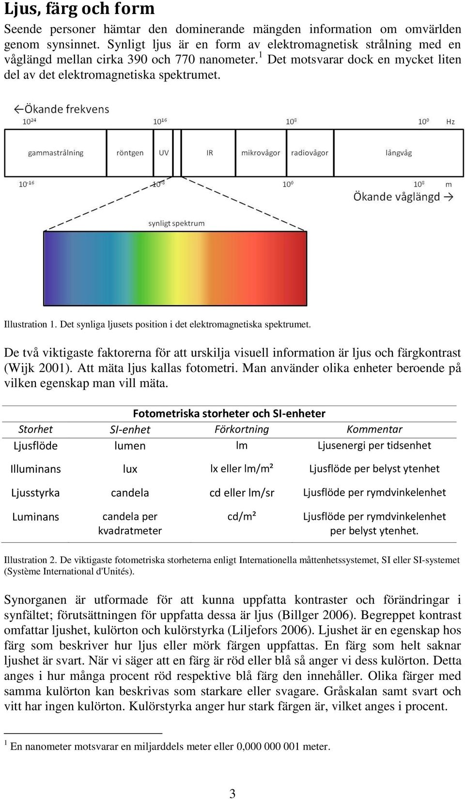 Det synliga ljusets position i det elektromagnetiska spektrumet. De två viktigaste faktorerna för att urskilja visuell information är ljus och färgkontrast (Wijk 2001). Att mäta ljus kallas fotometri.