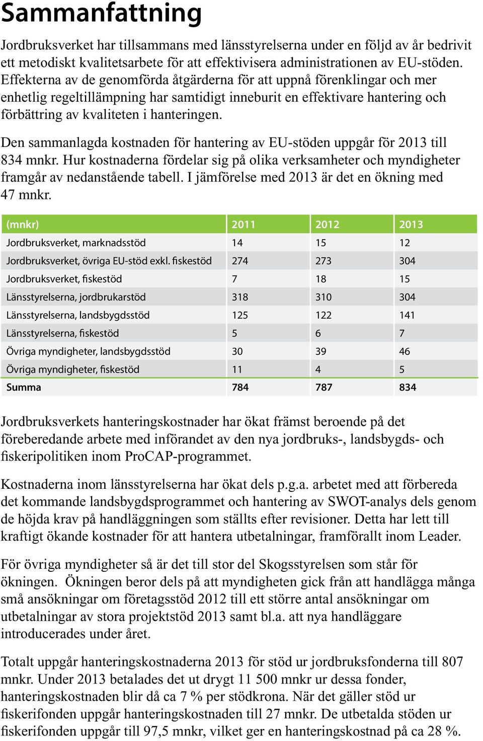 Den sammanlagda kostnaden för hantering av EU-stöden uppgår för 2013 till 834 mnkr. Hur kostnaderna fördelar sig på olika verksamheter och myndigheter framgår av nedanstående tabell.