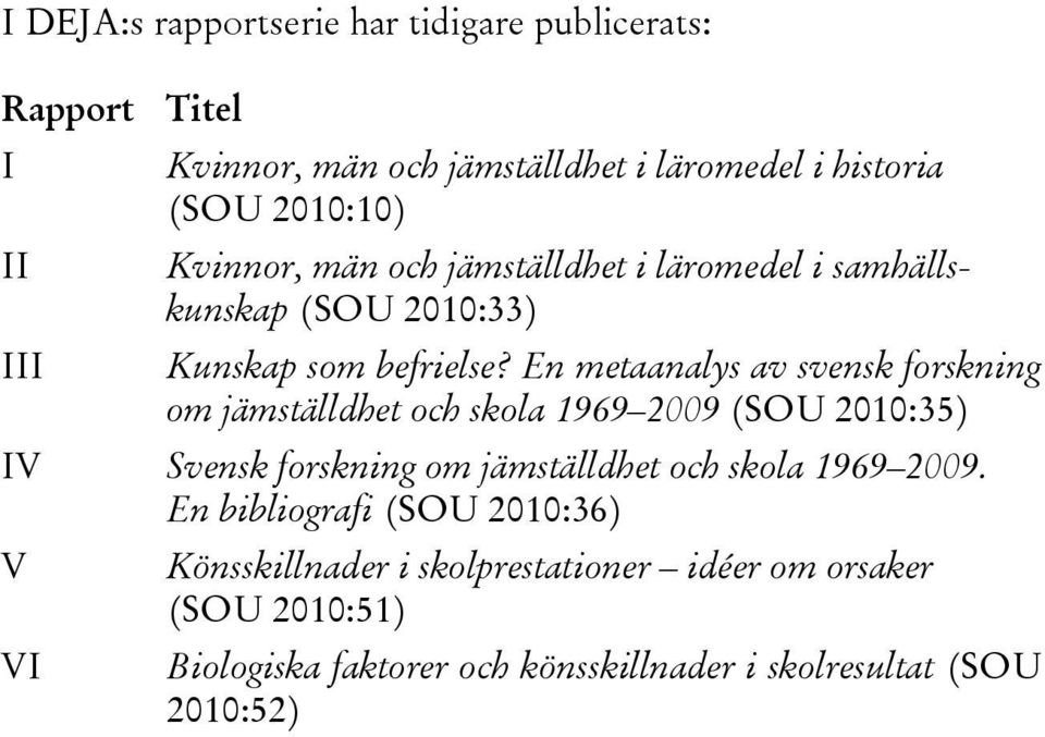 En metaanalys av svensk forskning om jämställdhet och skola 1969 2009 (SOU 2010:35) IV Svensk forskning om jämställdhet och skola 1969