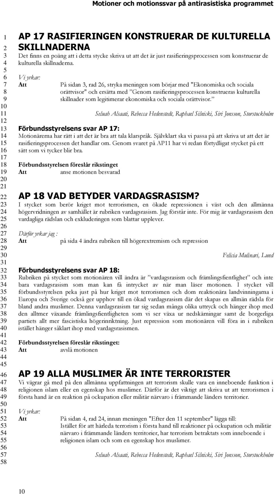 orättvisor. Seluah Alsaati, Rebecca Hedenstedt, Raphael Silnicki, Siri Jonsson, Storstockholm Förbundsstyrelsens svar AP : Motionärerna har rätt i att det är bra att tala klarspråk.