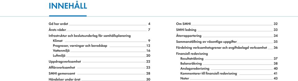 32 SMHI ledning 33 Återrapportering 34 Sammanställning av väsentliga uppgifter 35 Fördelning verksamhetsgrenar och avgiftsbelagd