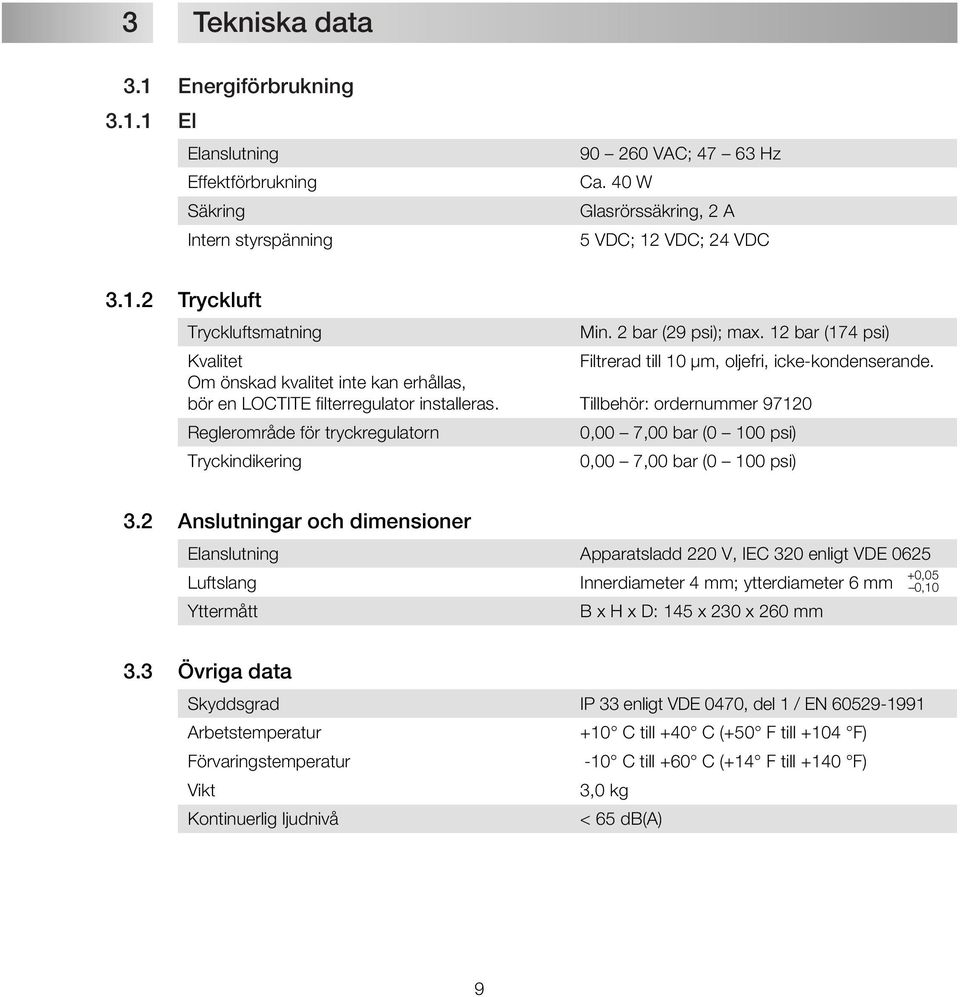 Tillbehör: ordernummer 97120 Reglerområde för tryckregulatorn 0,00 7,00 (0 100 ) Tryckindikering 0,00 7,00 (0 100 ) 3.