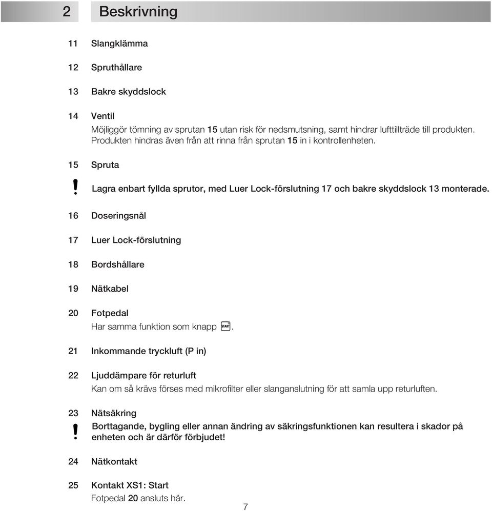 16 Doseringsnål 17 Luer Lock-förslutning 18 Bordshållare 19 Nätkabel 20 Fotpedal Har samma funktion som knapp.