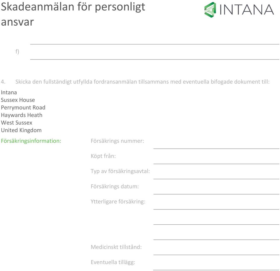 United Kingdom Försäkringsinformation: Försäkrings nummer: Köpt från: Typ av