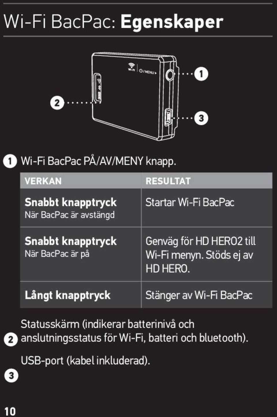 knapptryck RESULTAT Startar Wi-Fi BacPac Genväg för HD HERO2 till Wi-Fi menyn.