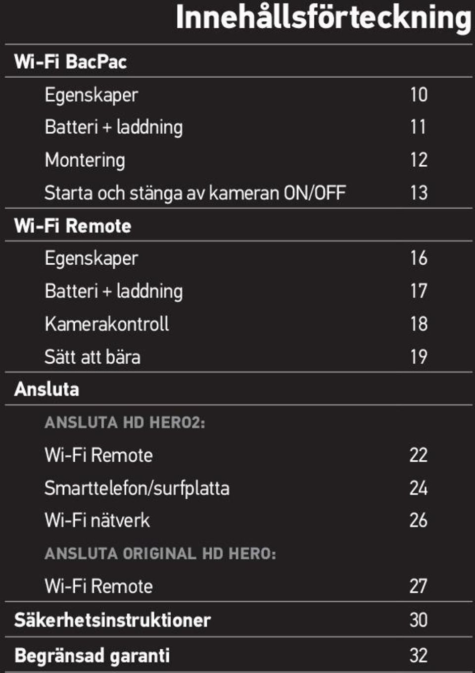 Sätt att bära 19 Ansluta ANSLUTA HD HERO2: Wi-Fi Remote 22 Smarttelefon/surfplatta 24 Wi-Fi