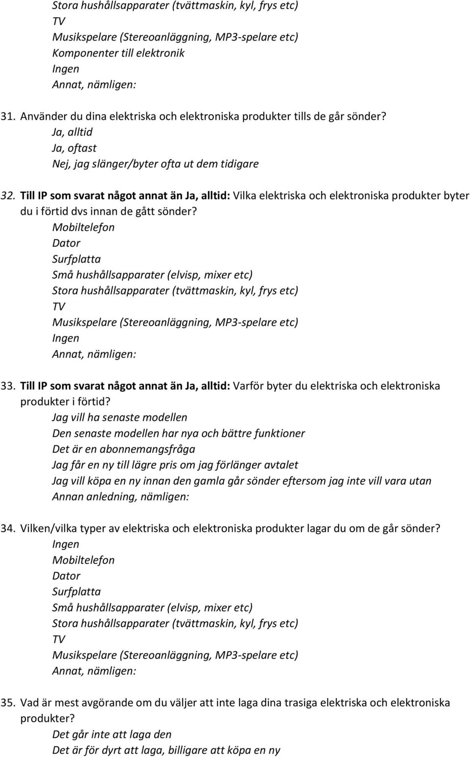 Till IP som svarat något annat än, alltid: Vilka elektriska och elektroniska produkter byter du i förtid dvs innan de gått sönder?