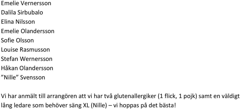 Vi har anmält till arrangören att vi har två glutenallergiker (1 flick, 1