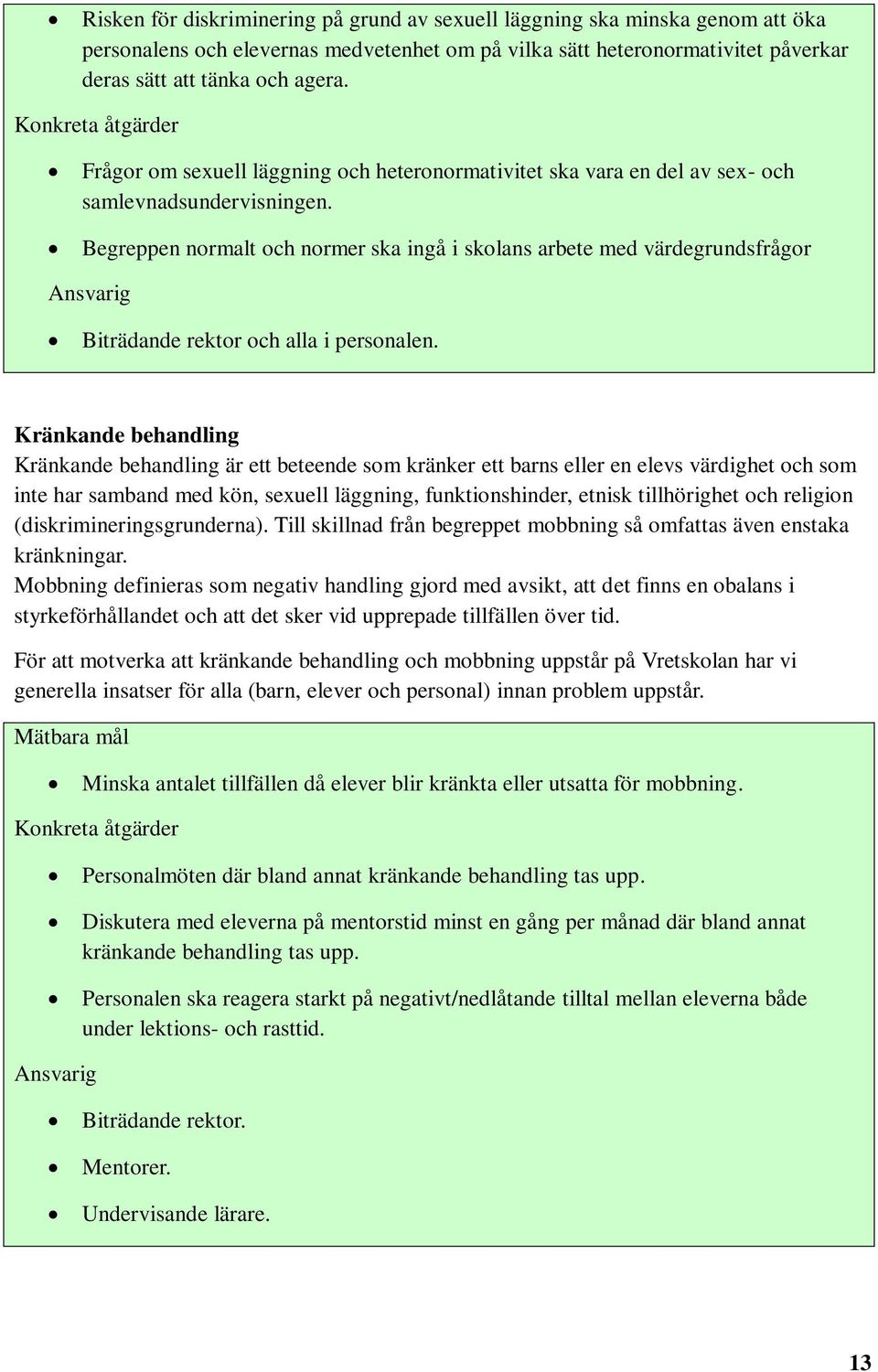 Begreppen normalt och normer ska ingå i skolans arbete med värdegrundsfrågor Ansvarig Biträdande rektor och alla i personalen.