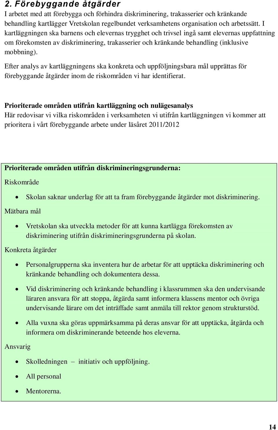 Efter analys av kartläggningens ska konkreta och uppföljningsbara mål upprättas för förebyggande åtgärder inom de riskområden vi har identifierat.