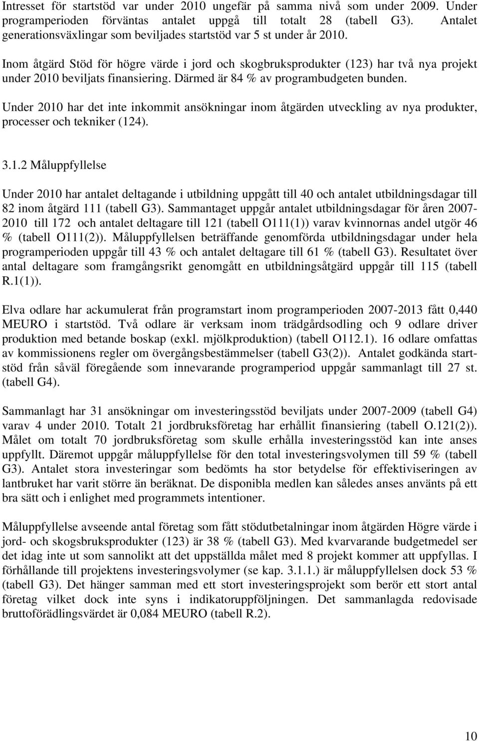 Inom åtgärd Stöd för högre värde i jord och skogbruksprodukter (123) har två nya projekt under 2010 beviljats finansiering. Därmed är 84 % av programbudgeten bunden.