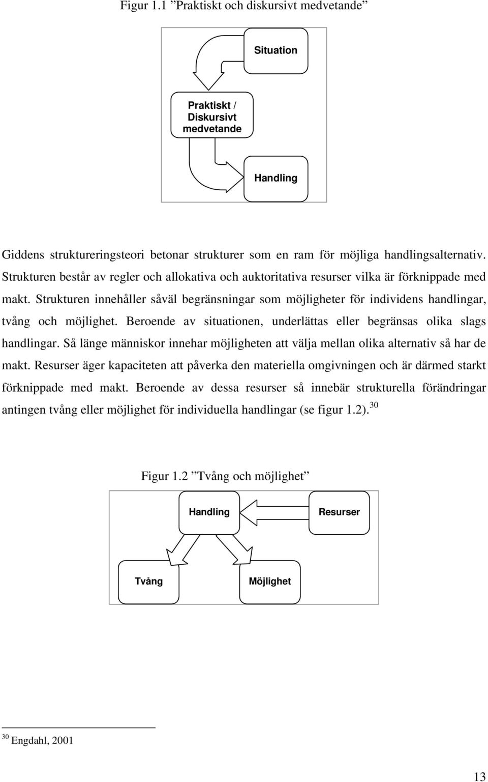 Strukturen innehåller såväl begränsningar som möjligheter för individens handlingar, tvång och möjlighet. Beroende av situationen, underlättas eller begränsas olika slags handlingar.