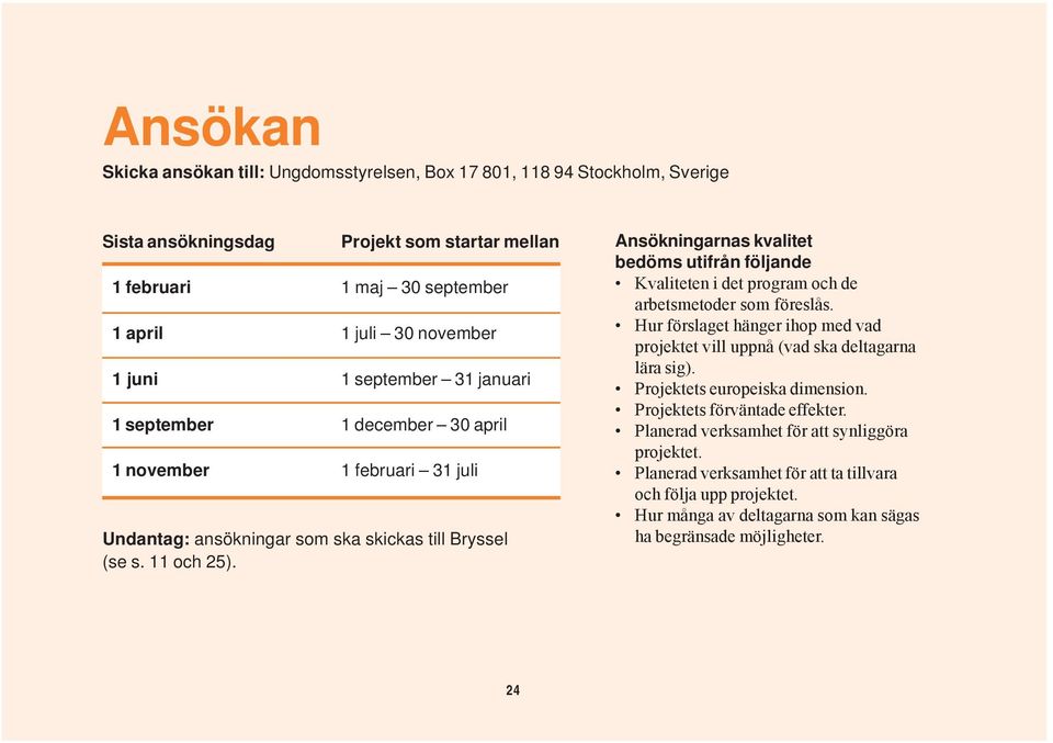 Ansökningarnas kvalitet bedöms utifrån följande Kvaliteten i det program och de arbetsmetoder som föreslås. Hur förslaget hänger ihop med vad projektet vill uppnå (vad ska deltagarna lära sig).