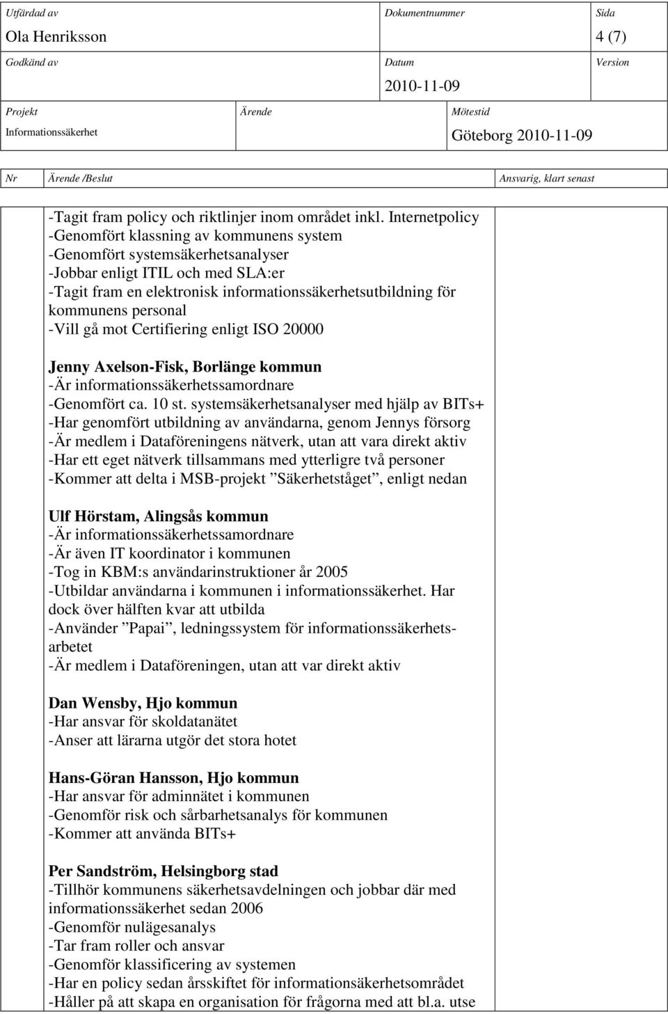 personal -Vill gå mot Certifiering enligt ISO 20000 Jenny Axelson-Fisk, Borlänge kommun -Är informationssäkerhetssamordnare -Genomfört ca. 10 st.